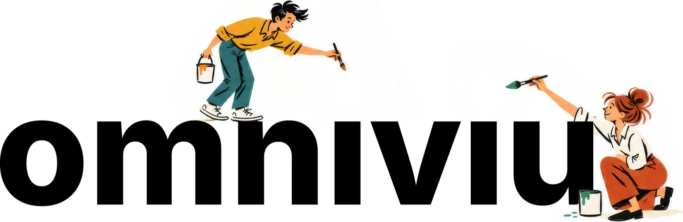 Omniviu – zwei Figuren malen die i-Punkte, einen orangen und einen grünen